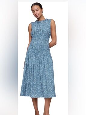 Gap Factory Blue Floral Smocked Waist Midi Dress Sleeveless Ruffle Neck M